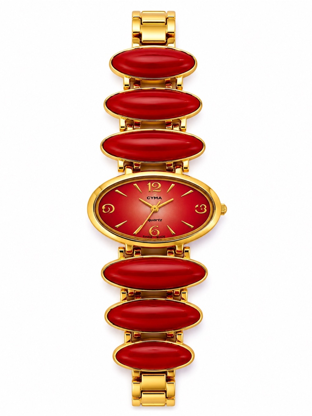 Vintage CYMA Swiss Red Enamel Bracelet Watch Gold Tone Quartz Watch w/ Box